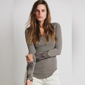 Free People Masquerade Cuff Thermal Embroidered Cuff Long-Sleeve Tee in Mushroom